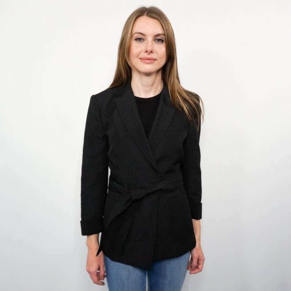 NWT BCBG MaxAzria Black Conner Textured Belted Wrap Blazer Coat Suit Jacket XXS